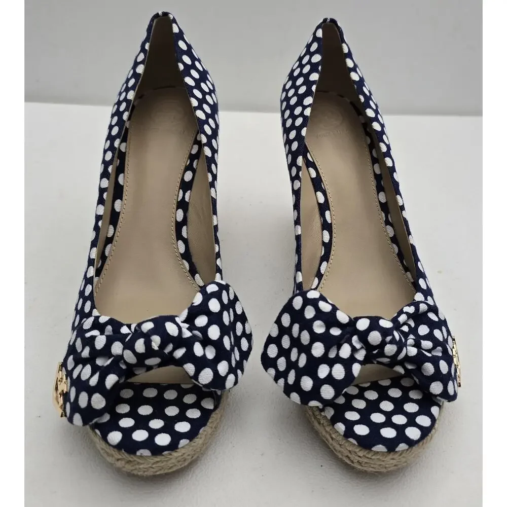 Tory Burch Dory Navy/White Polka Dot Wedge Espadrille Women's Bow Peep Toe Sz 9 - Picture 2 of 10